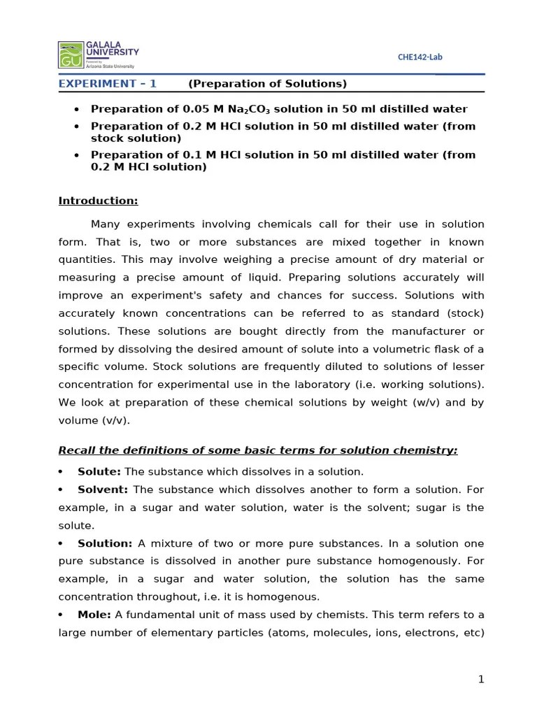 Experiment-1 +Solutions+Preparation | PDF | Mole (Unit) | Chemical ...
