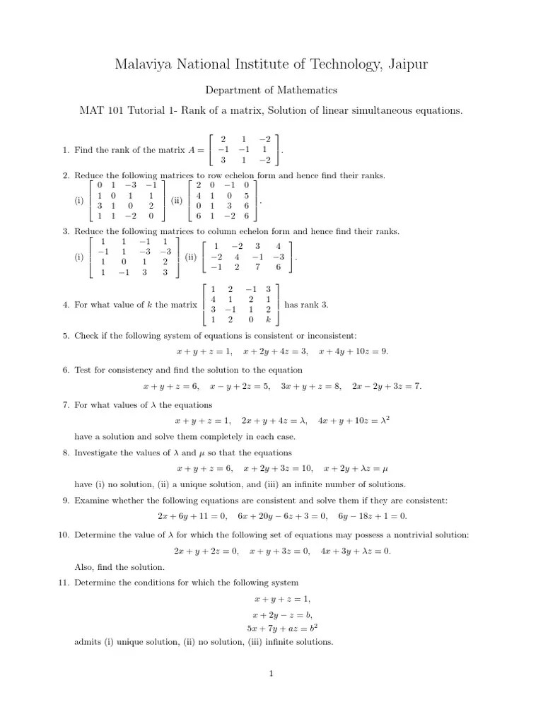 MAT101 2024 Tutorial Sheet-1 | PDF | Matrix (Mathematics) | Mathematical Concepts