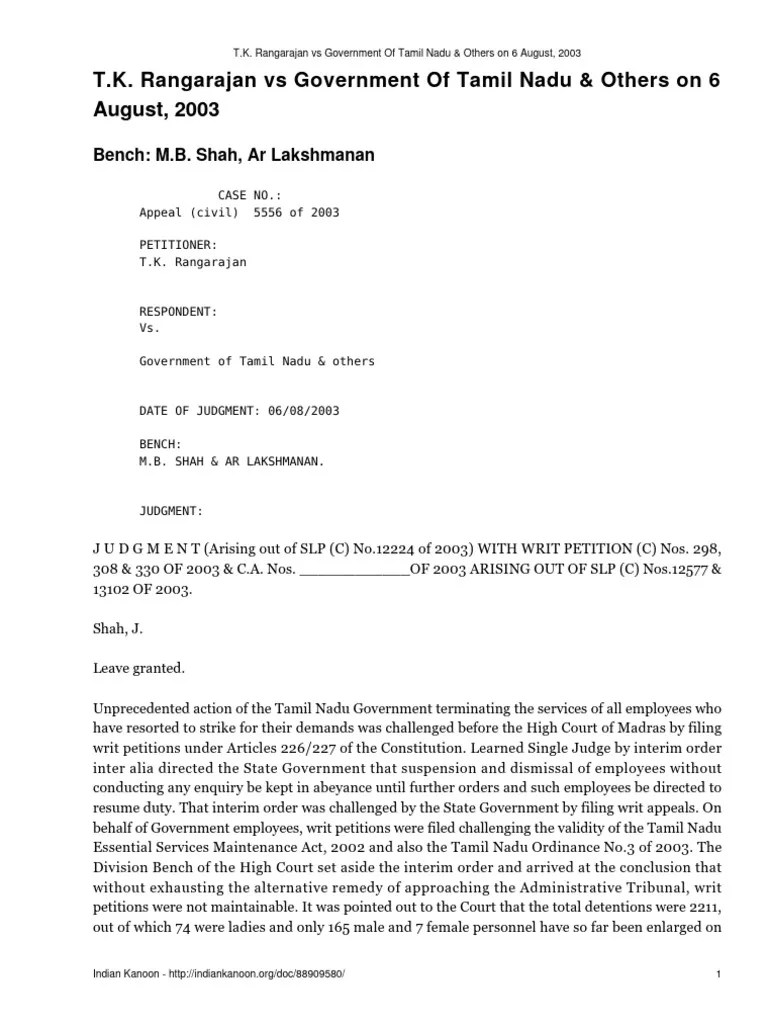 T K Rangarajan Vs Government Of Tamil Nadu Others On 6 August 2003 | PDF | Jurisdiction | Tribunal