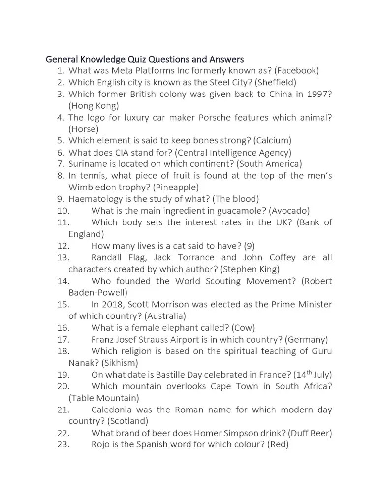 General Knowledge Quiz Questions And Answers | PDF | Association Football