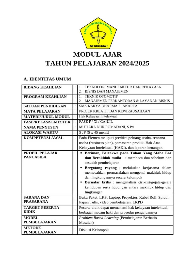 Modul Ajar PKK - 11 TKR | PDF | Karier & Perkembangan | Seni