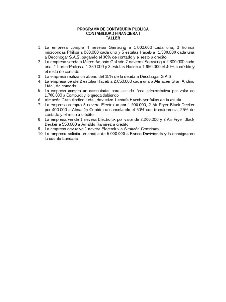 Taller Asientos Contables Contabilidad Financiera I | PDF | Negocios