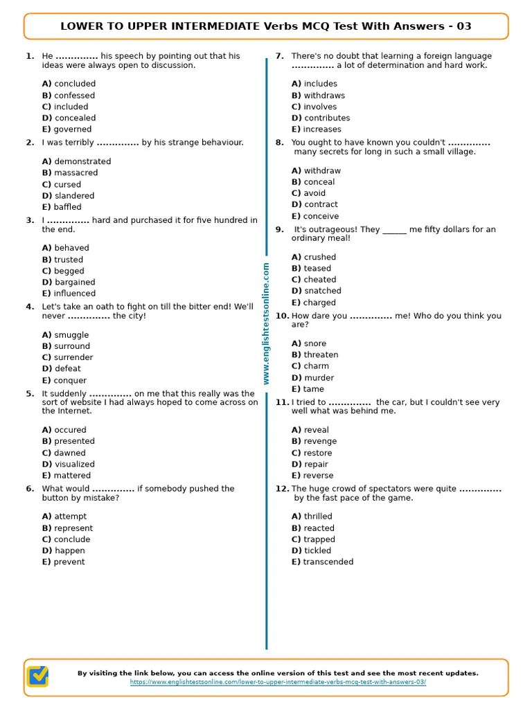654 Lower To Upper Intermediate Verbs MCQ Test With Answers 03 | PDF