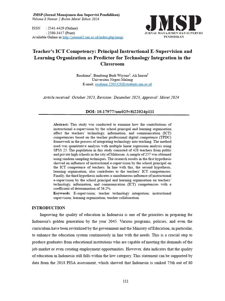 Teacher's ICT Competency: Principal Instructional E-Supervision And ...