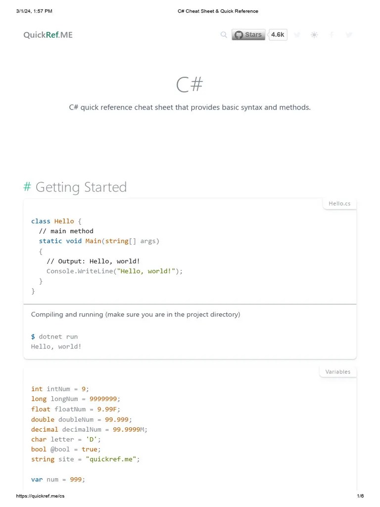 C# Cheat Sheet & Quick Reference | PDF | C Sharp (Programming Language ...