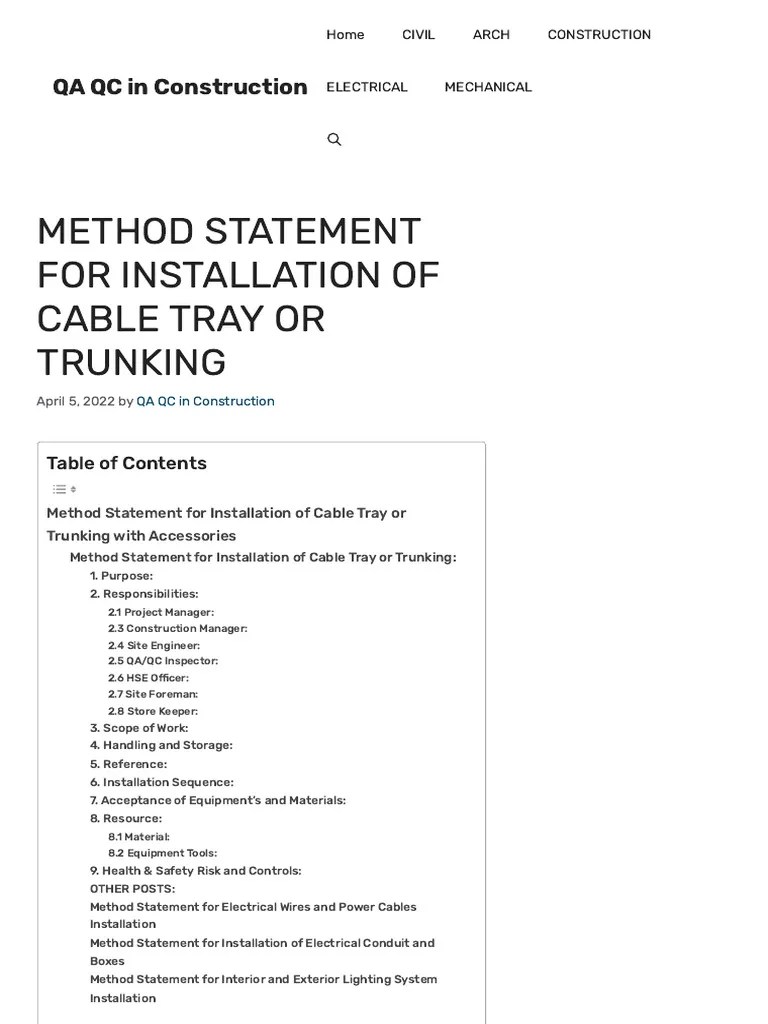 Method Statement For Installation Of Cable Tray Or Trunking | PDF | Electrical Wiring | Building ...