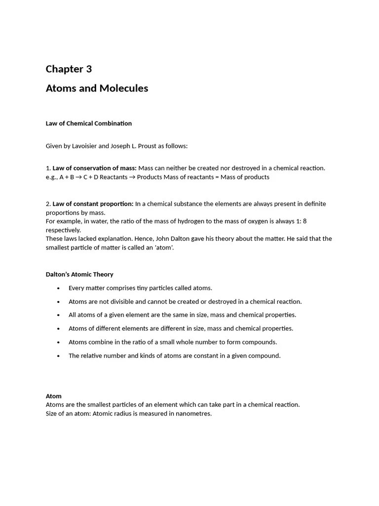 Atoms And Molecules Class 9 Notes Science Chapter 3 | PDF | Ion | Molecules