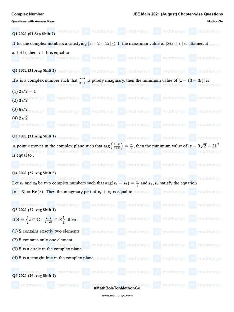 Complex Number - JEE Main 2021 August Chapter-Wise - MathonGo | PDF ...