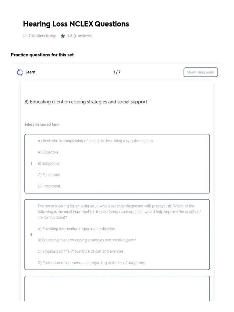 Hearing Loss NCLEX Questions Flashcards - Quizlet | PDF | Hearing Loss ...
