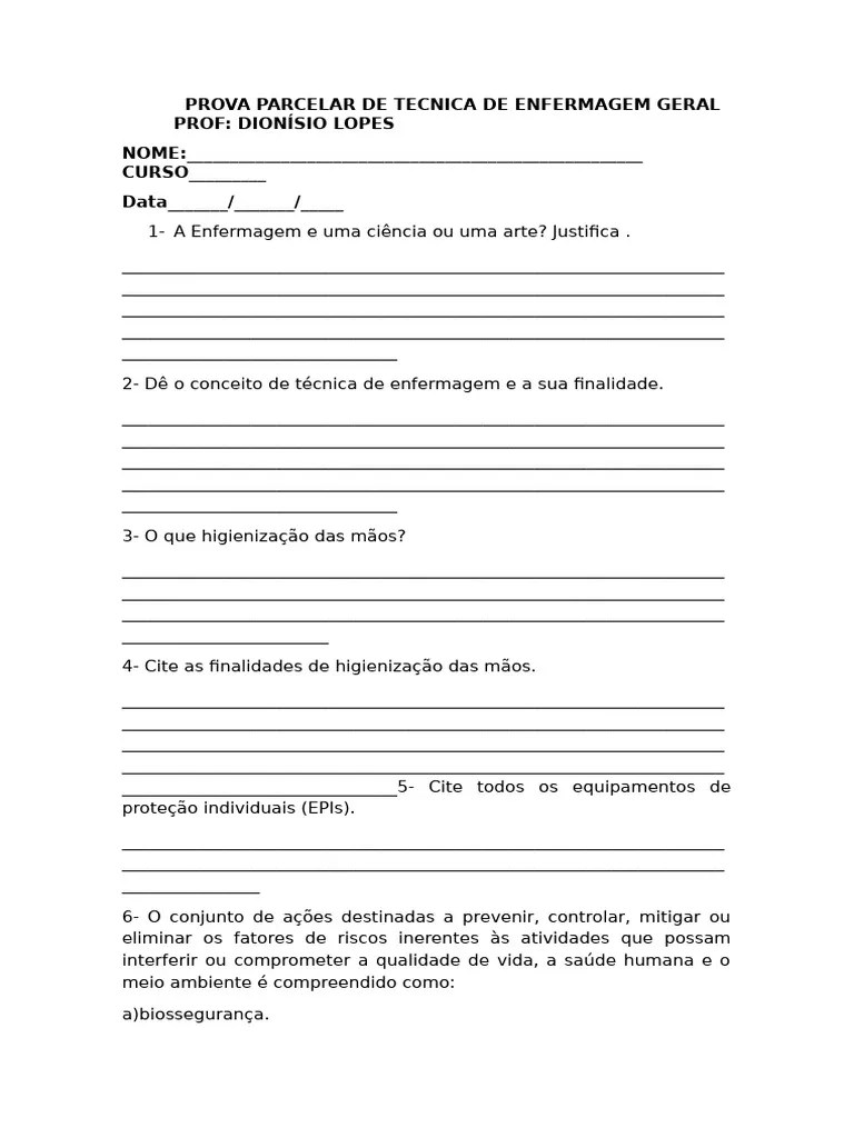 Prova De Técnica De Enfermagem | PDF