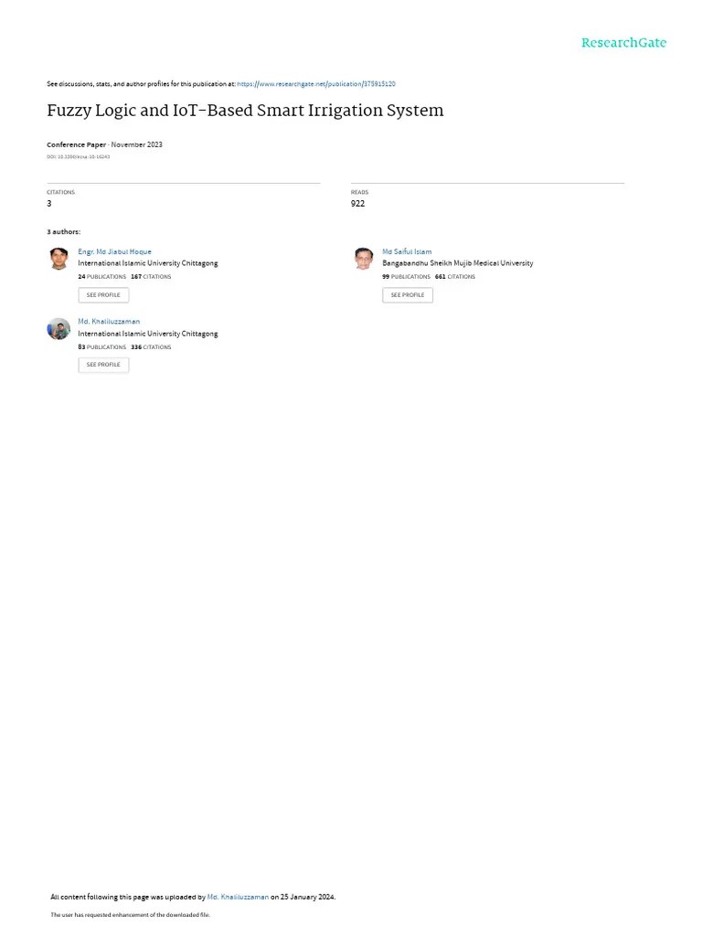 Fuzzy Logic Based Smart Irrigation System Using IoT | PDF | Fuzzy Logic | Internet Of Things