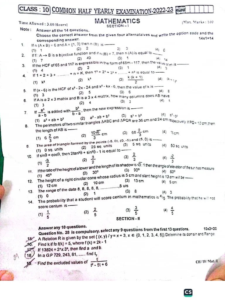 10th Maths EM Half Yearly Exam 2022 Original Question Paper Chennai ...