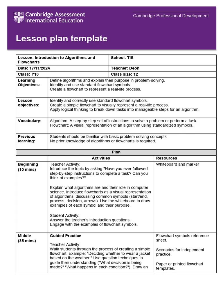 LessonPlan-Introduction To Algorithms And Flowcharts | PDF | Algorithms | Teachers