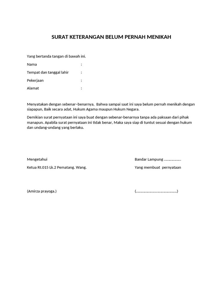 Surat Keterangan Belum Pernah Menikah | PDF