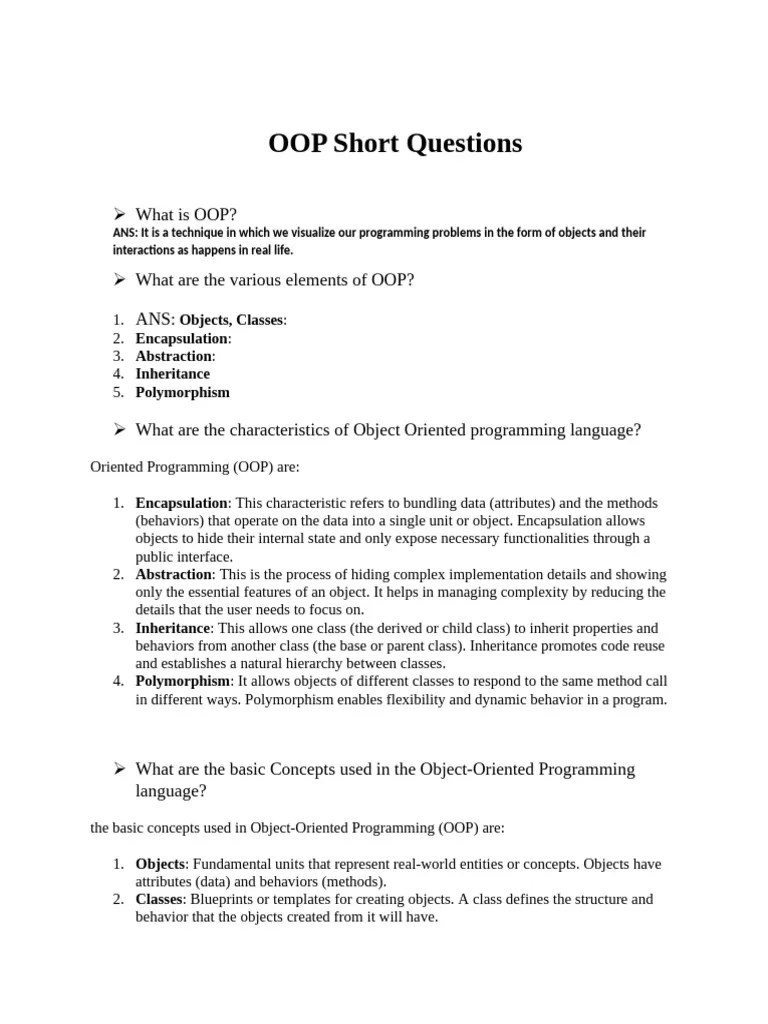 OOP - Short - Questions Full | PDF | Class (Computer Programming ...