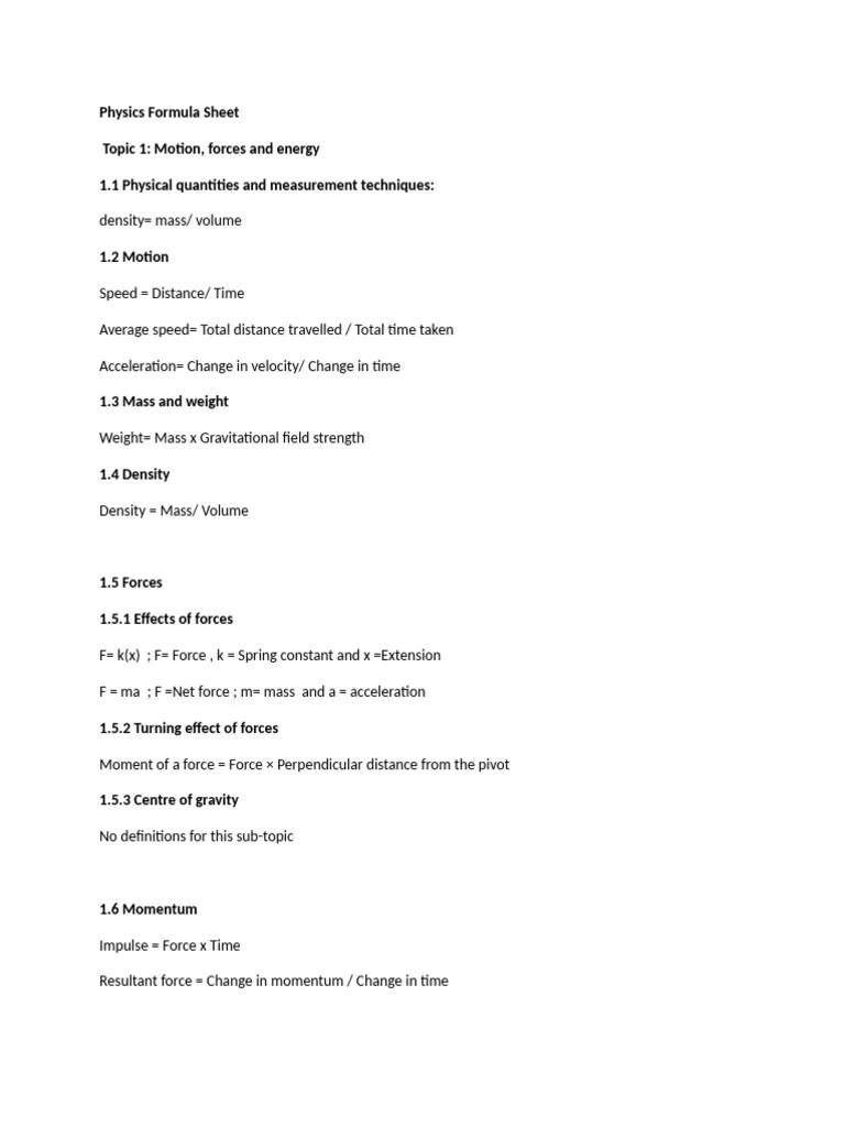 Physics Formulae Sheet | PDF | Force | Mass