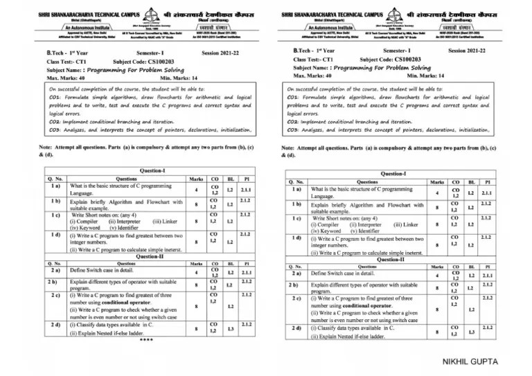 PPS 2021 CT 1 | PDF | Computer Engineering | Computer Programming