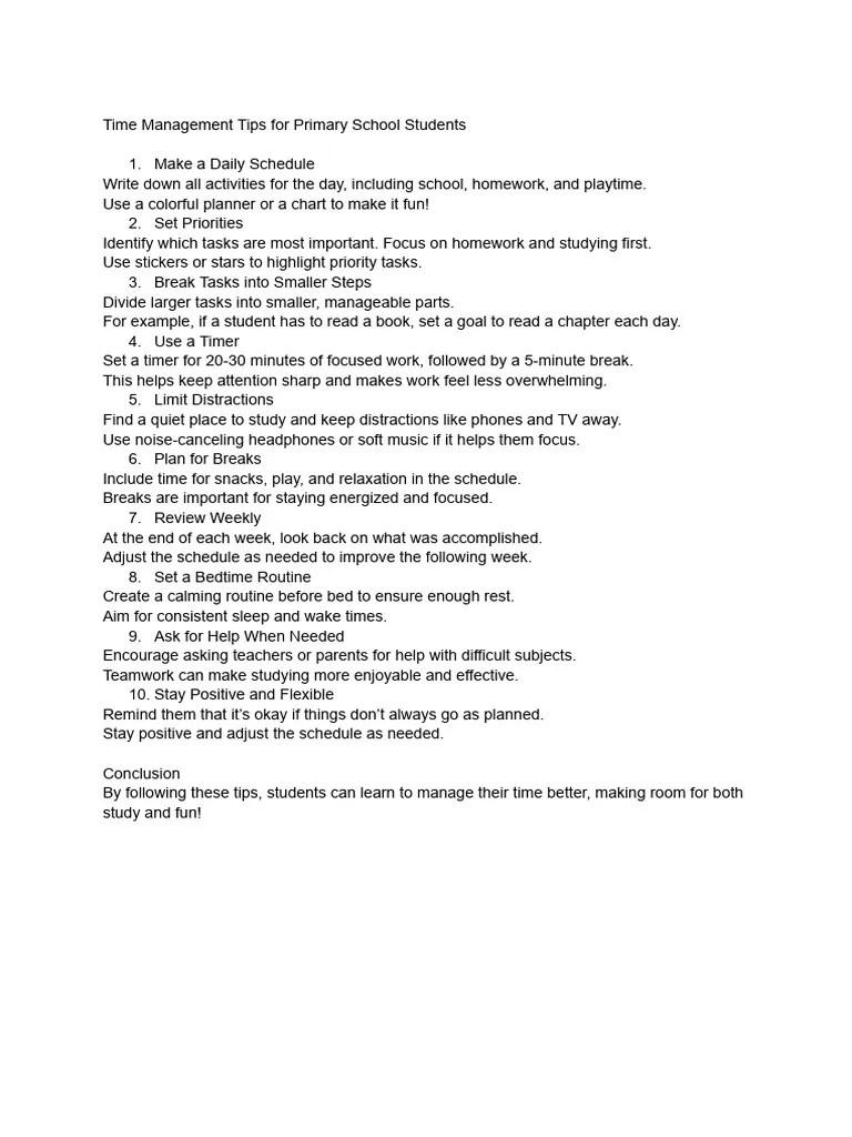 Time Management Tips For Primary School Students | PDF