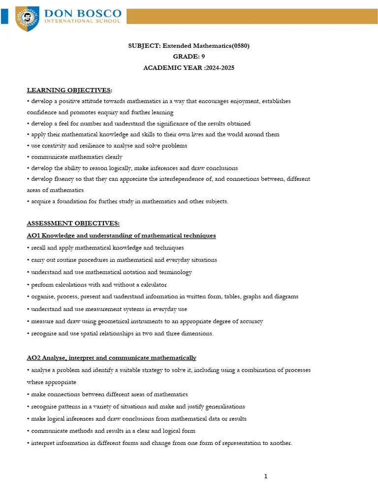First Page Of Syllabus(Grade 9- Extended Mathematics) 2024-25 | PDF ...