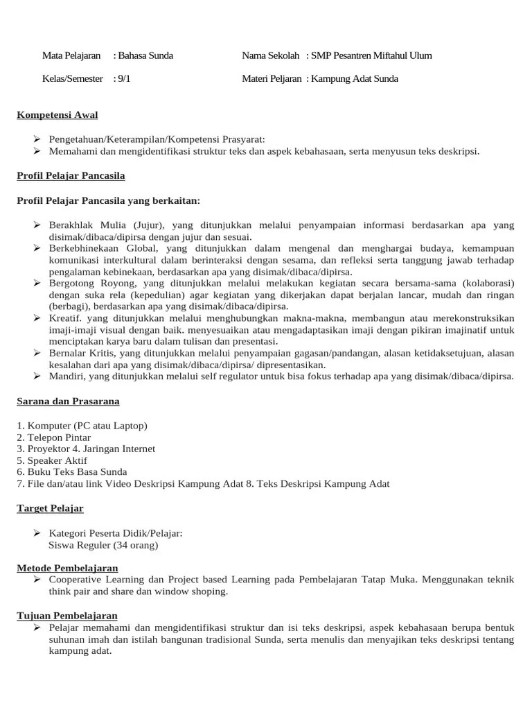Modul Ajar Kls 9 Kampung Adat Sunda 2425 | PDF | Seni & Disiplin Bahasa