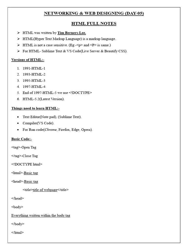 HTML FULL NOTES | PDF | Html | Html Element