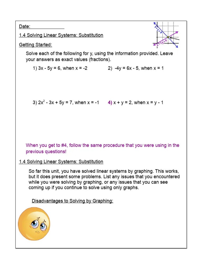MPM 2D 1.4 Substitution | PDF | Equations | System Of Linear Equations