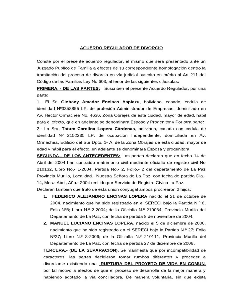 ACUERDO REGULADOR DIVORCIO - JHONNATAN- GABY | PDF | Divorcio | Justicia