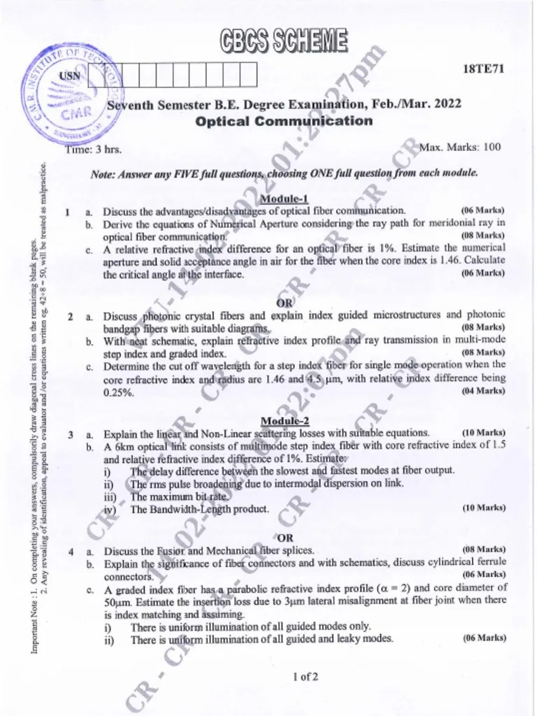 VTU Question Paper Of 18TE71 Optical Communication Feb-2022 | PDF