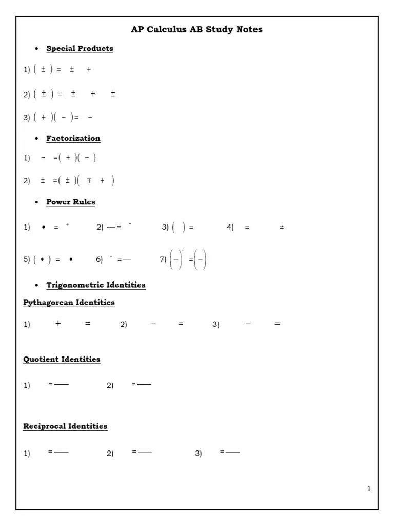 AP Calculus AB Study Notes | PDF | Trigonometric Functions | Logarithm