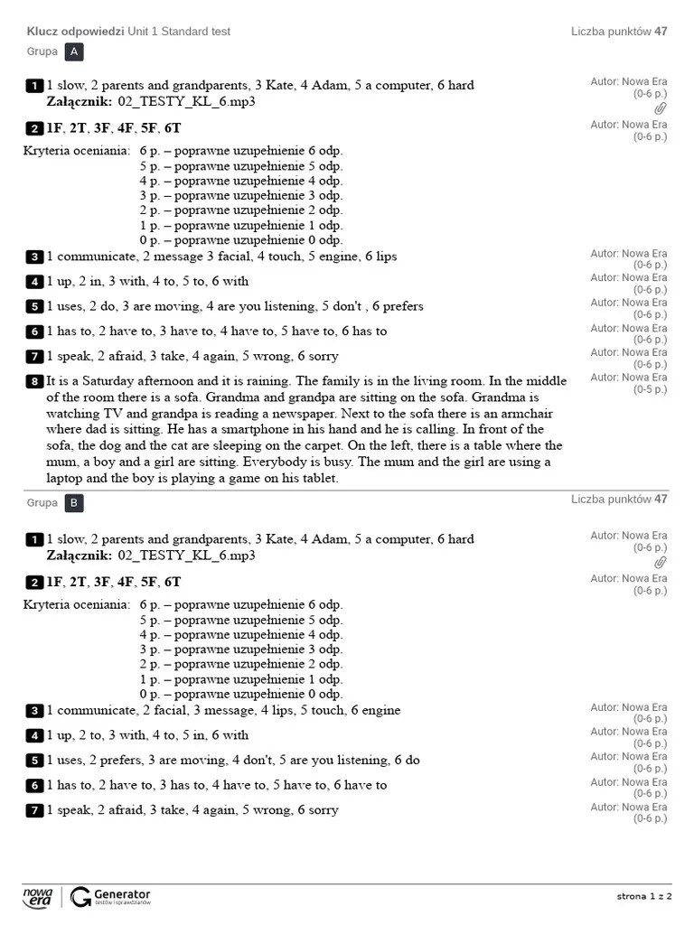 Unit 1 Standard Test Klucz Odpowiedzi | PDF | Living Arrangements | Home