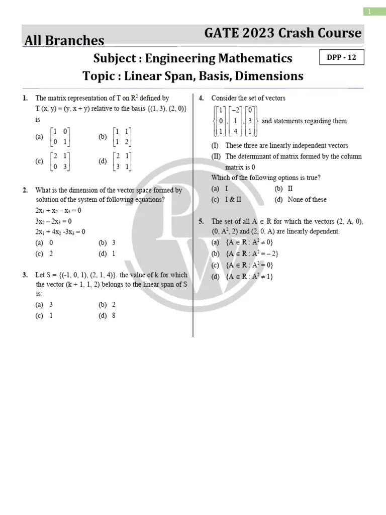 Linear Algebra - Vector Subspace - Span, Basis, Dimensions - DPP-12 | PDF | Linear Map | Vector ...