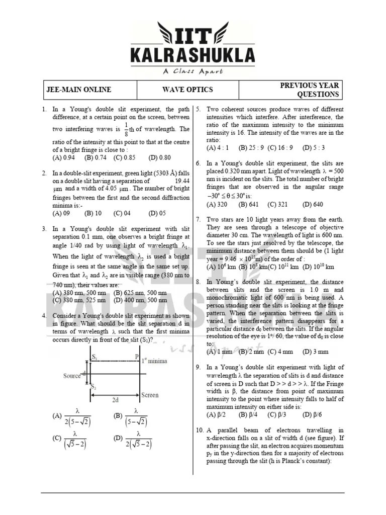 Wave Optics From JEE MAIN Online | PDF | Diffraction | Wavelength