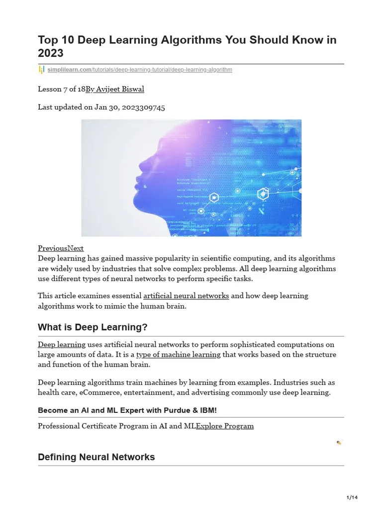 Top 10 Deep Learning Algorithms You Should Know In 2023 | PDF | Deep ...