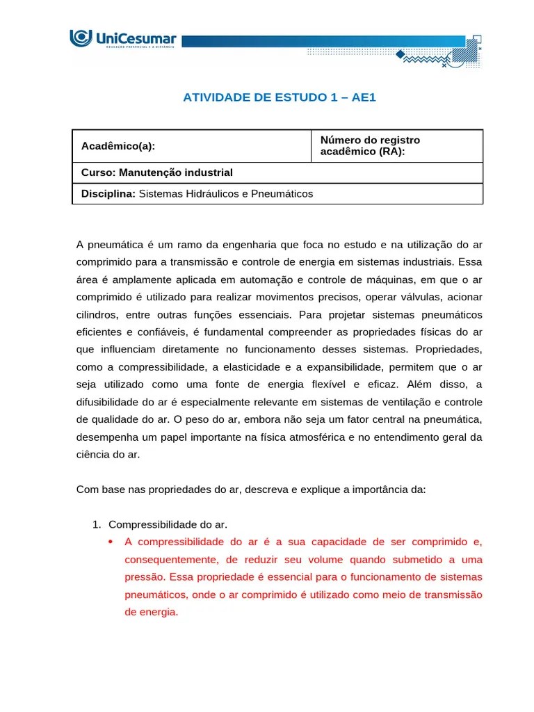 Atividade 1 Sistemas Hidraulicos E Pneumaticos | PDF | Pressão | Poluição Do Ar
