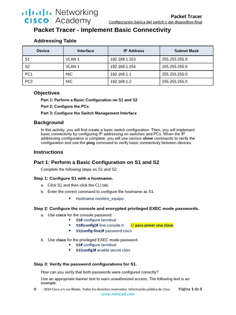 2.9.1 Packet Tracer - Basic Switch And End Device Configuration Jorge ...