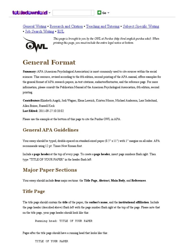 Purdue OWL - APA Formatting And Style Guide | PDF | American ...