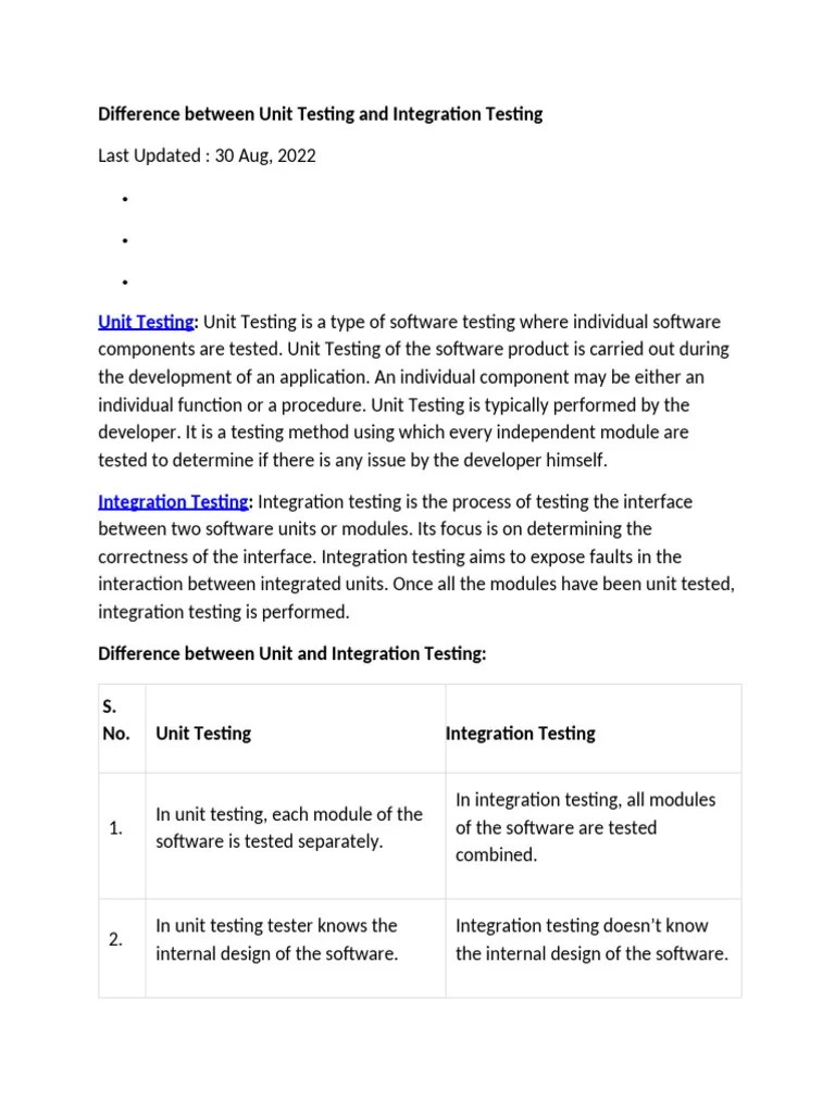 Difference Between Unit Testing And Integration Testing | PDF ...