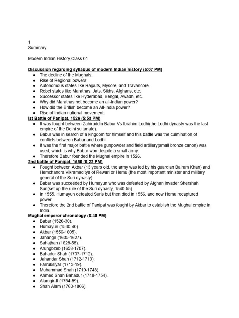 Modern Indian History Class 01 - 031122 | PDF | Mughal Empire