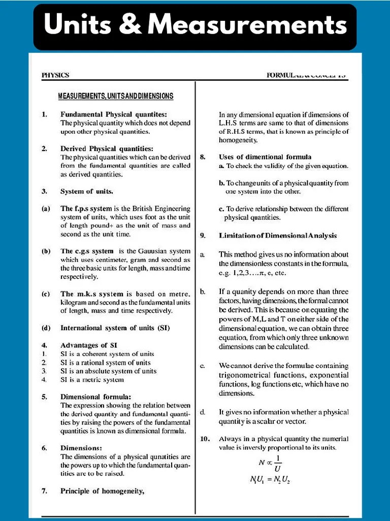 Class 1 Physics Formula Sheet | PDF