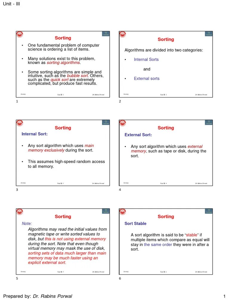 Unit III-V - Sorting At CSJMU - 6 Slides Handouts | PDF | Computer Data Storage | Computer Data