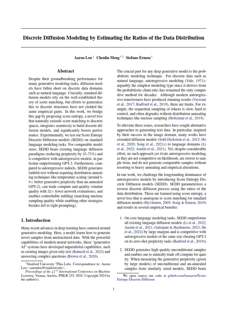 2024 ICML Discrete Diffusion Modeling By Estimating The Ratios Of The Data Distribution | PDF ...