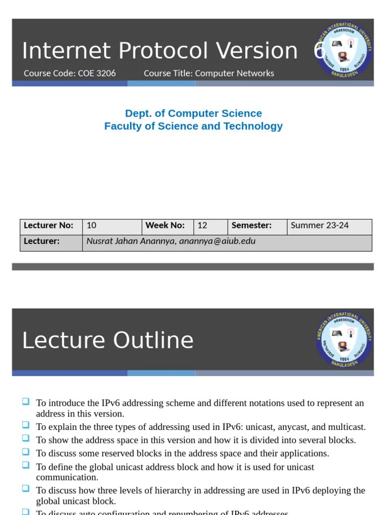 CN Lecture 11 IPV6 - Addressing | PDF | I Pv6 | Computer Architecture