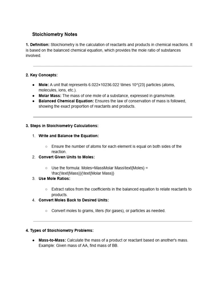Stoichiometry Notes | PDF | Stoichiometry | Mole (Unit)