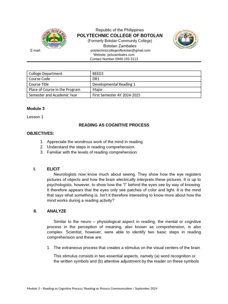 DR MODULE 3 Reading As Cognitive Communication Process | PDF | Reading ...