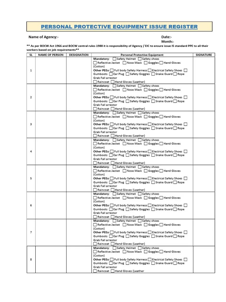 PPE's Issue Register | PDF | Personal Protective Equipment | Glove