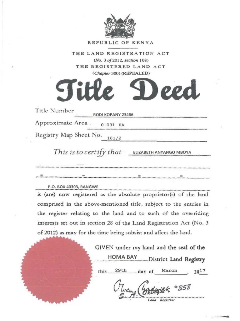Elizabeth Mboya Title Deed Pdf
