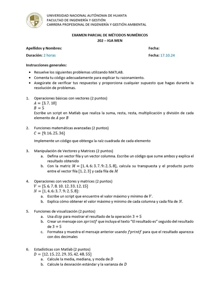 Examen Parcial De Métodos Numéricos | PDF | Matriz (Matemáticas ...