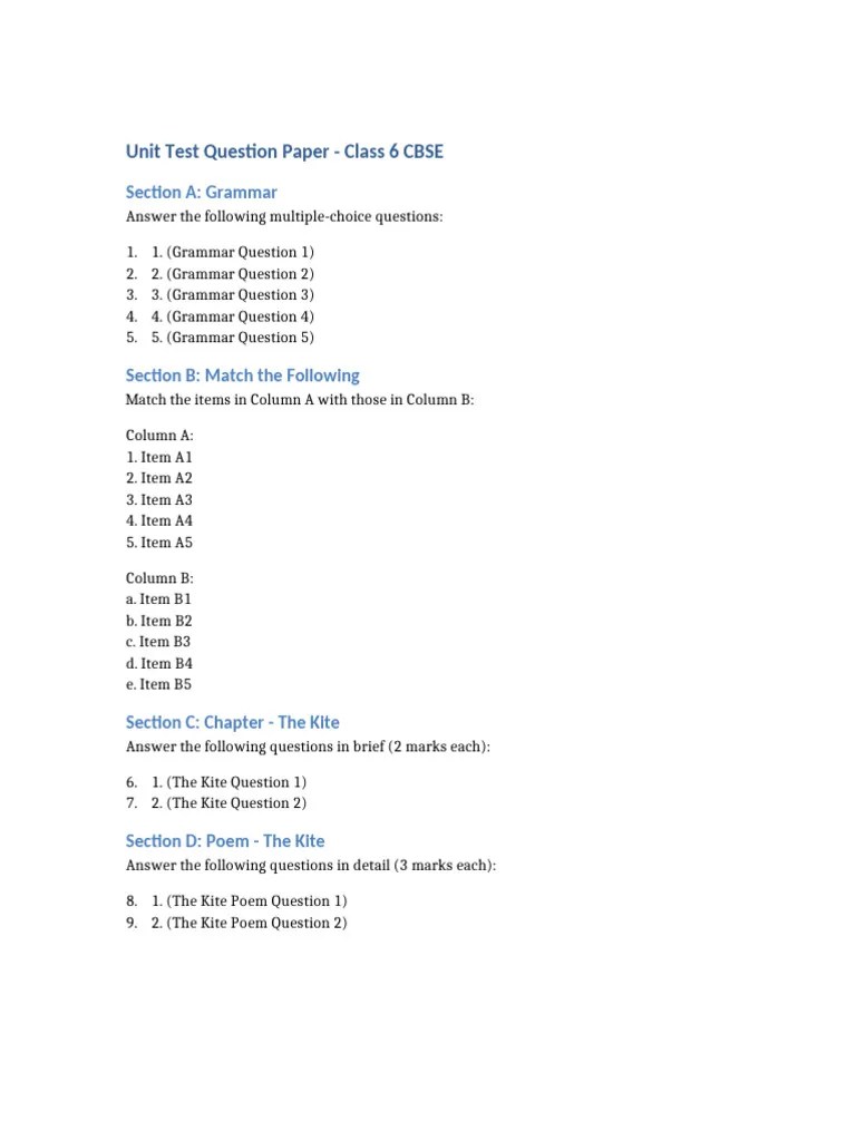 Class 6 CBSE Unit Test Question Paper | PDF