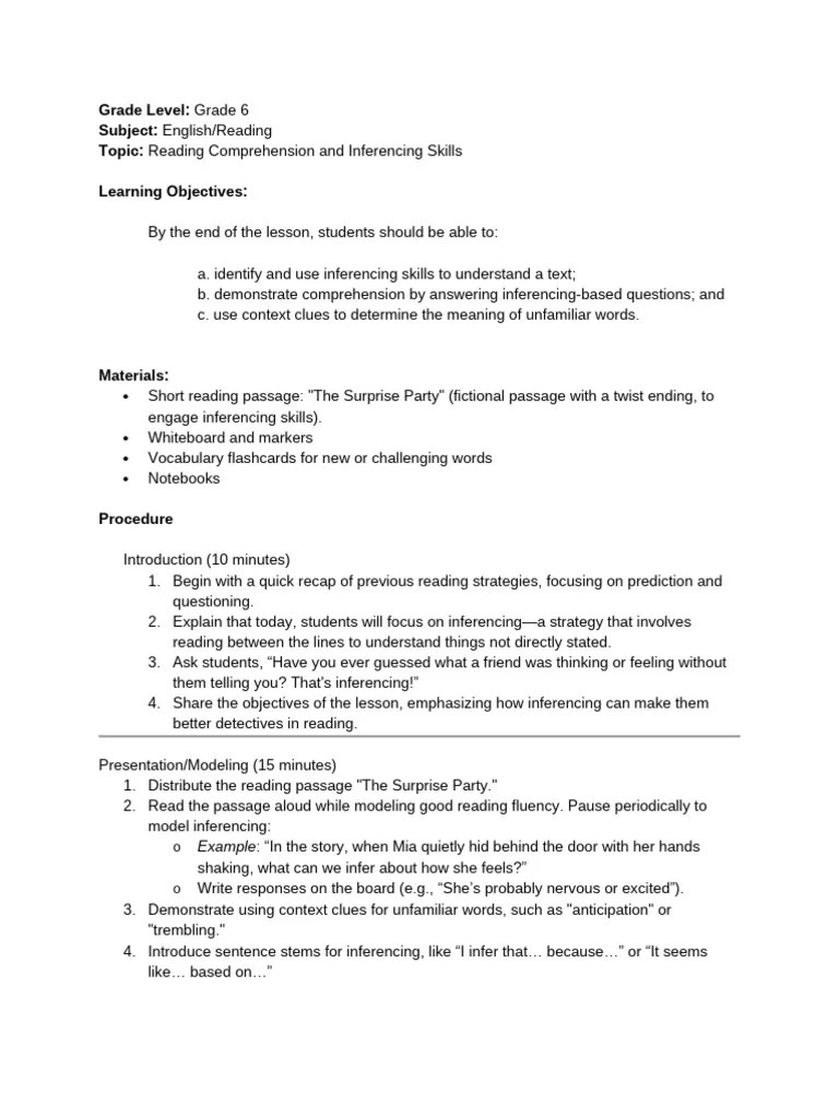 Lesson Plan: Reading | PDF | Reading Comprehension | Inference