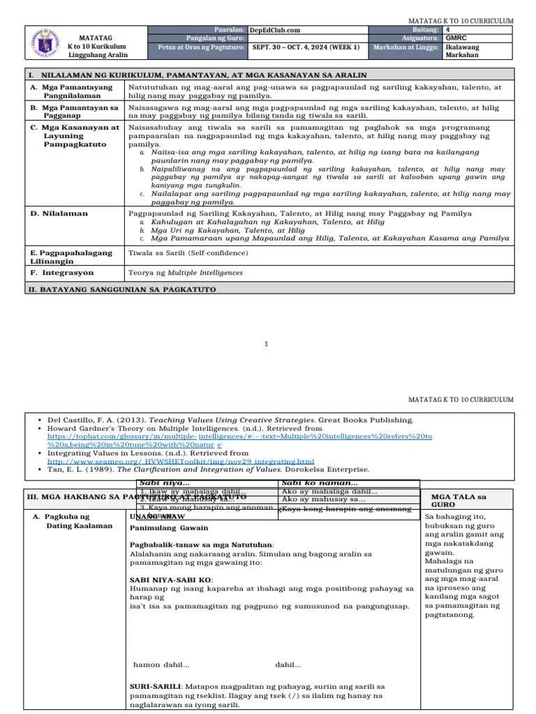 DLL MATATAG _GMRC 4 Q2W1 | PDF